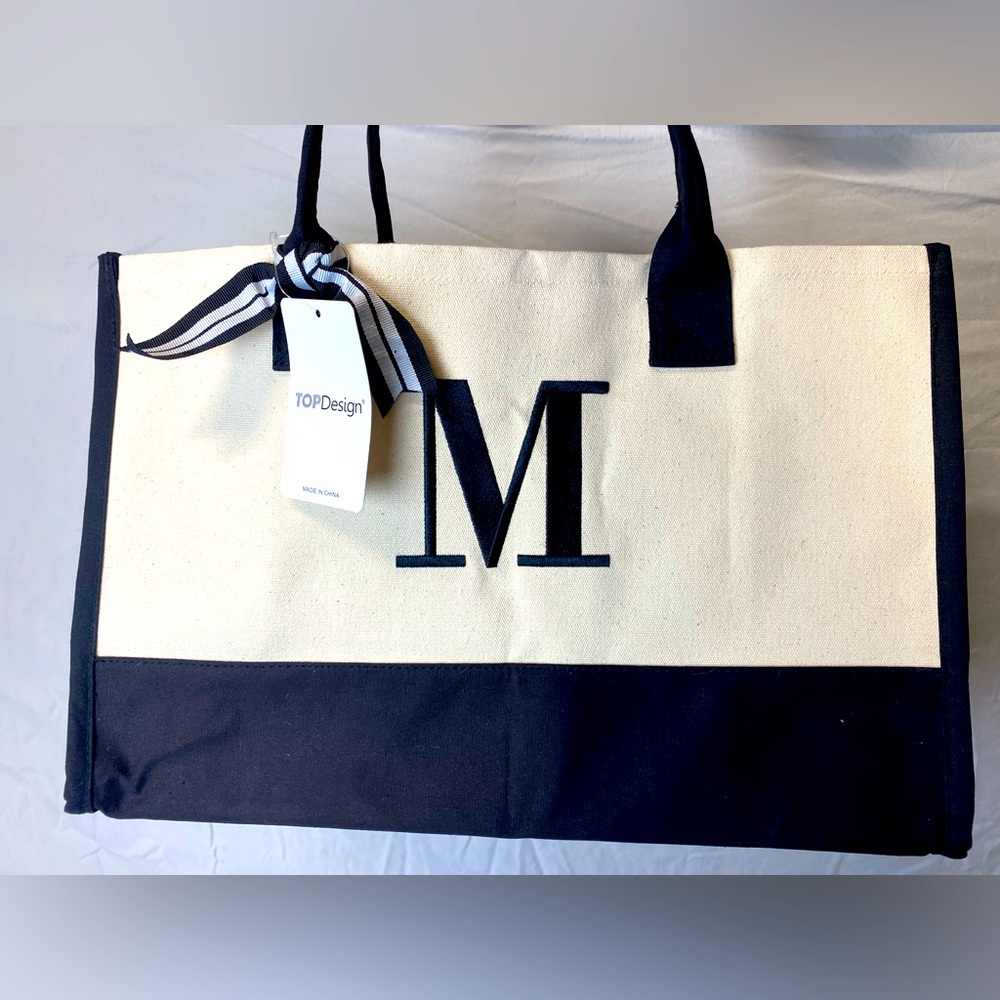 Black and Cream Tote Bag with Monogram M 17”/10”